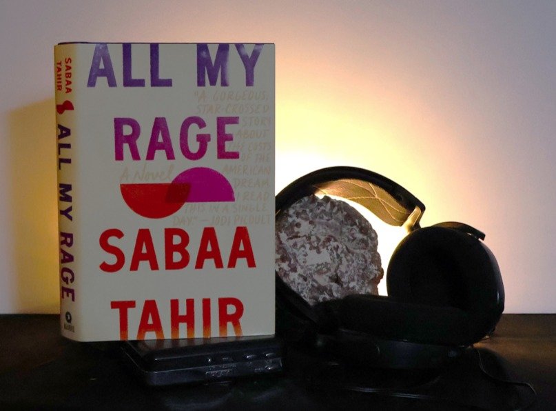 All My Rage book, framed by geode, headphones, and a tape deck.