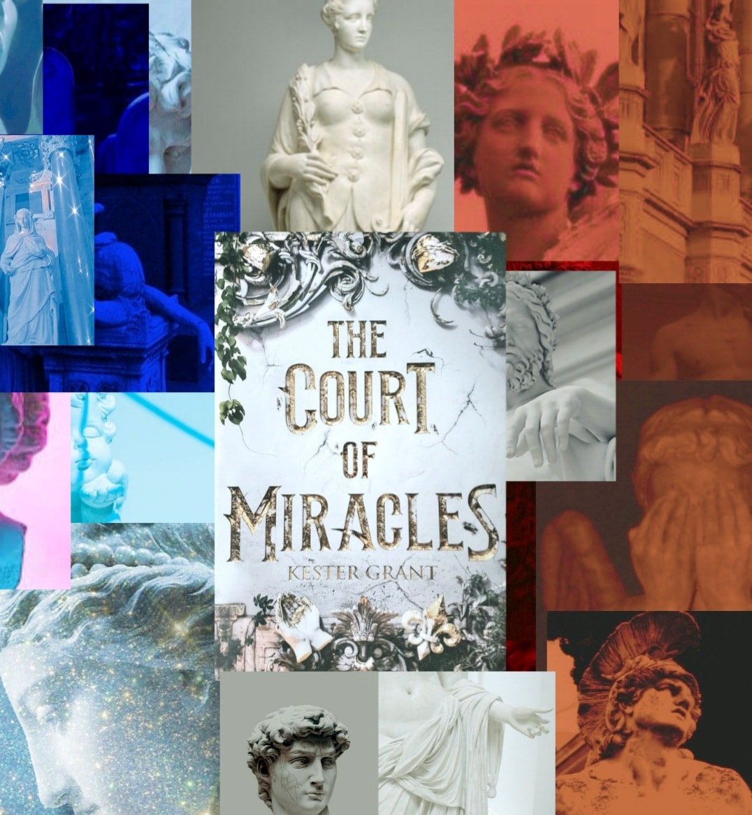 The Court of Miracles book, surrounded by classical architecture and statues.